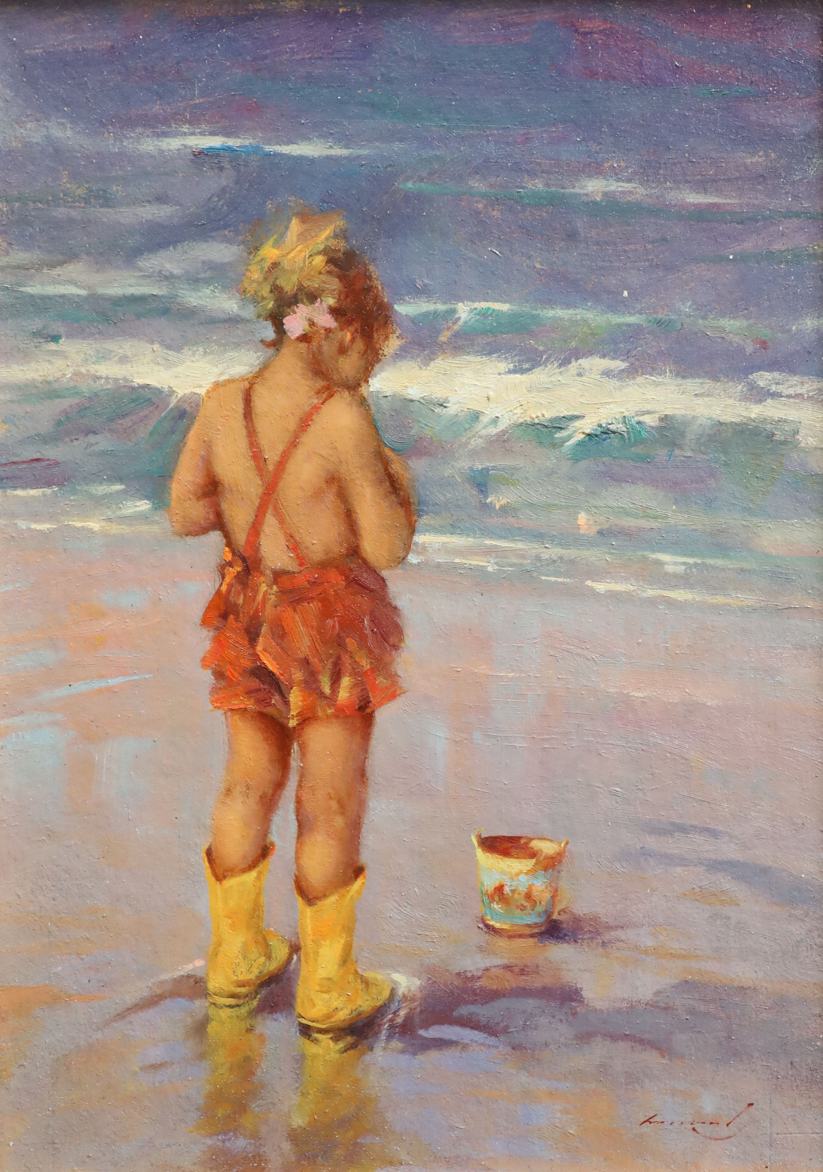 Ken Moroney (1949-2018), On the seashore, Oil on board, 24 x 17cm.